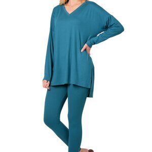 V‑Neck Long‑Sleeve Loungewear Leggings Set – Buttery Soft Brushed DTY Microfiber